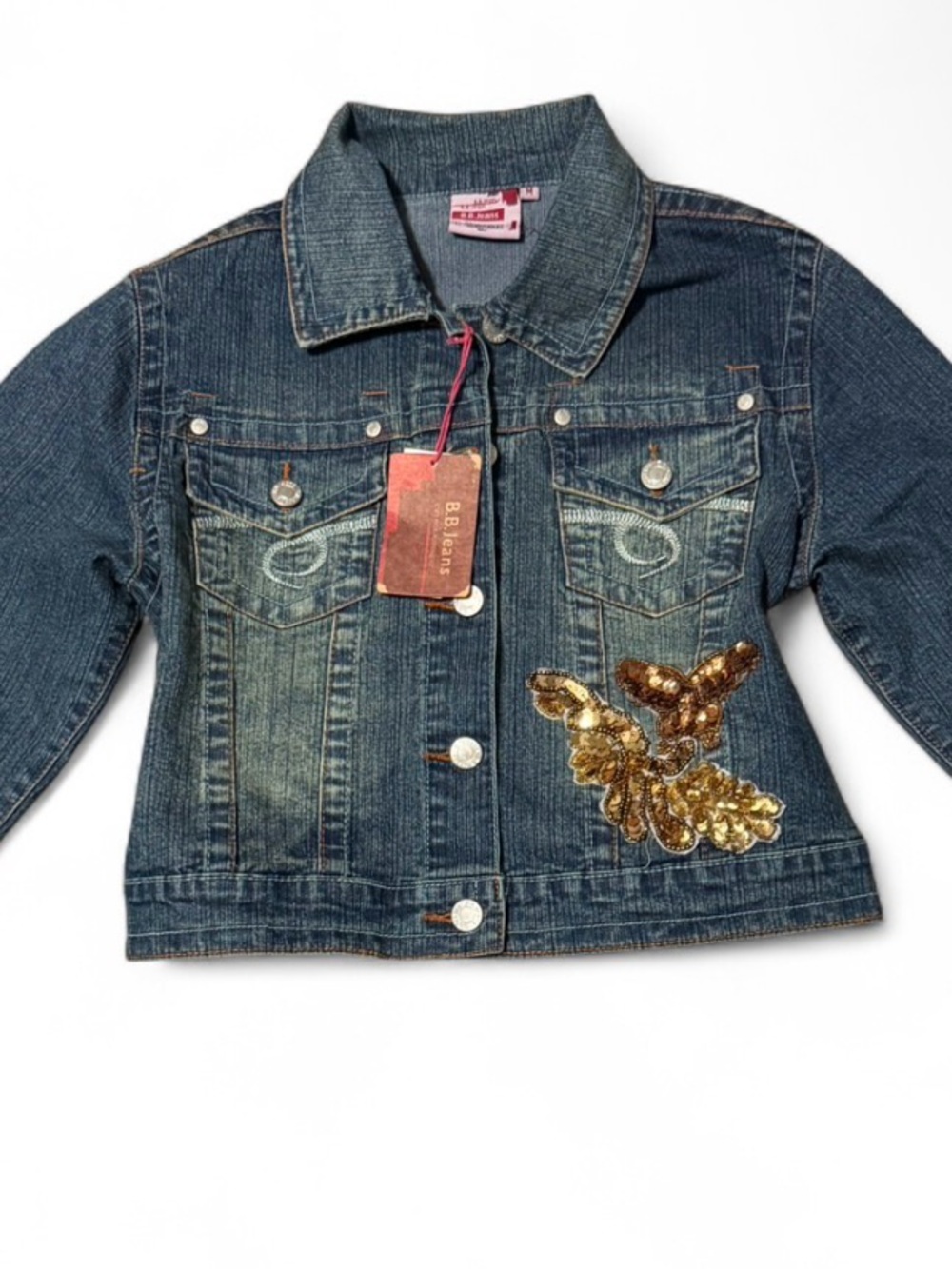 NWT Vintage Y2K B.B. Jeans Sequin Butterfly Cropped Fairycore Denim Jacket